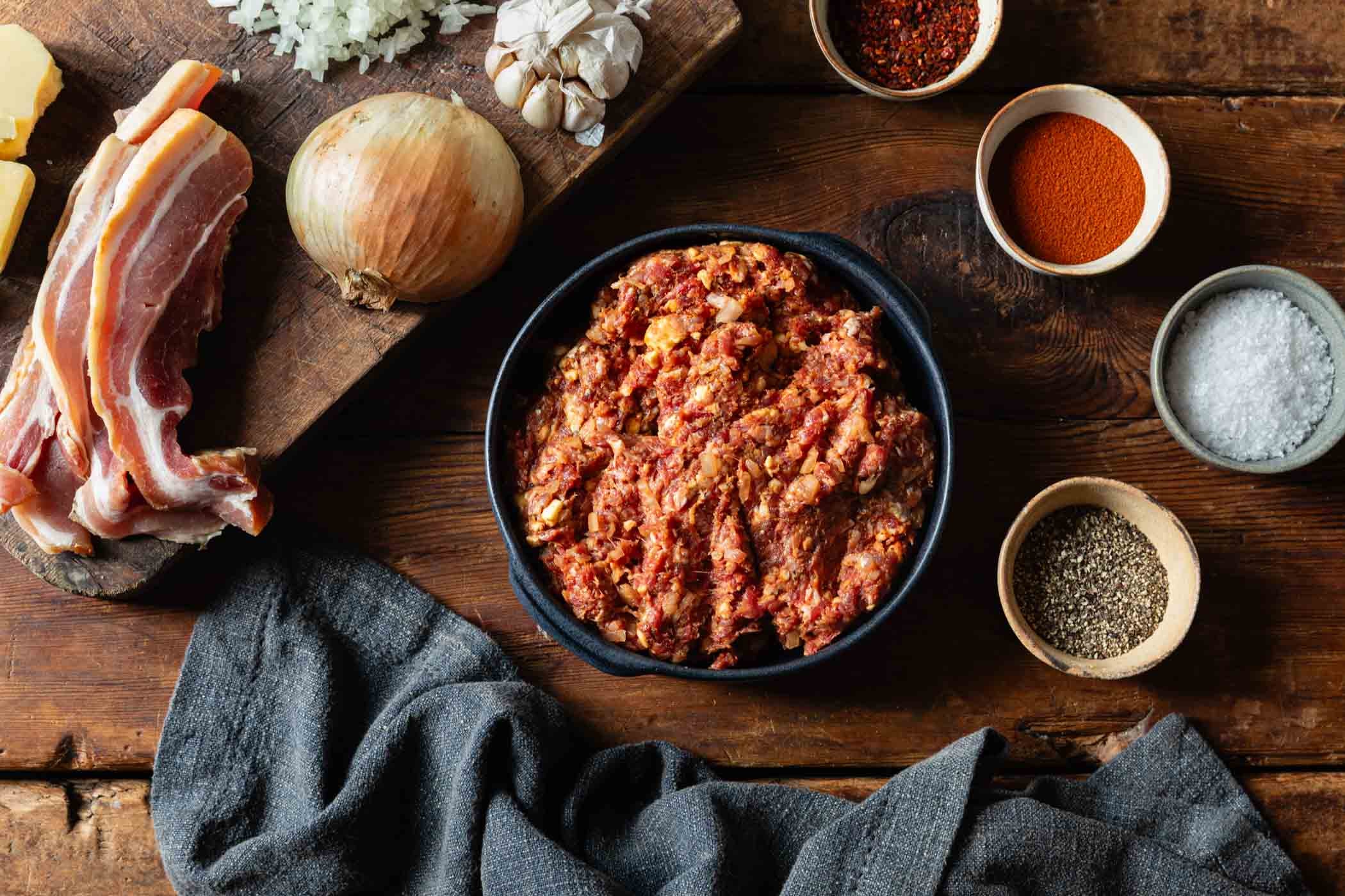 A rustic overhead flat-lay of seasoned ground meat in a black bowl, surrounded by raw ingredients including sliced bacon, a whole onion, garlic, spices in small bowls, and a dark gray cloth on a wooden table.