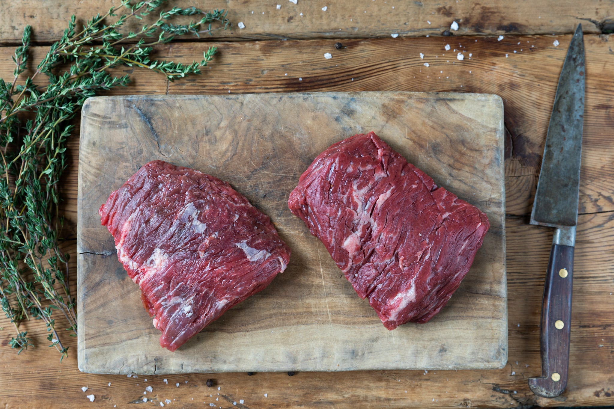 grass-fed heritage breed dry-aged raw bavette steaks