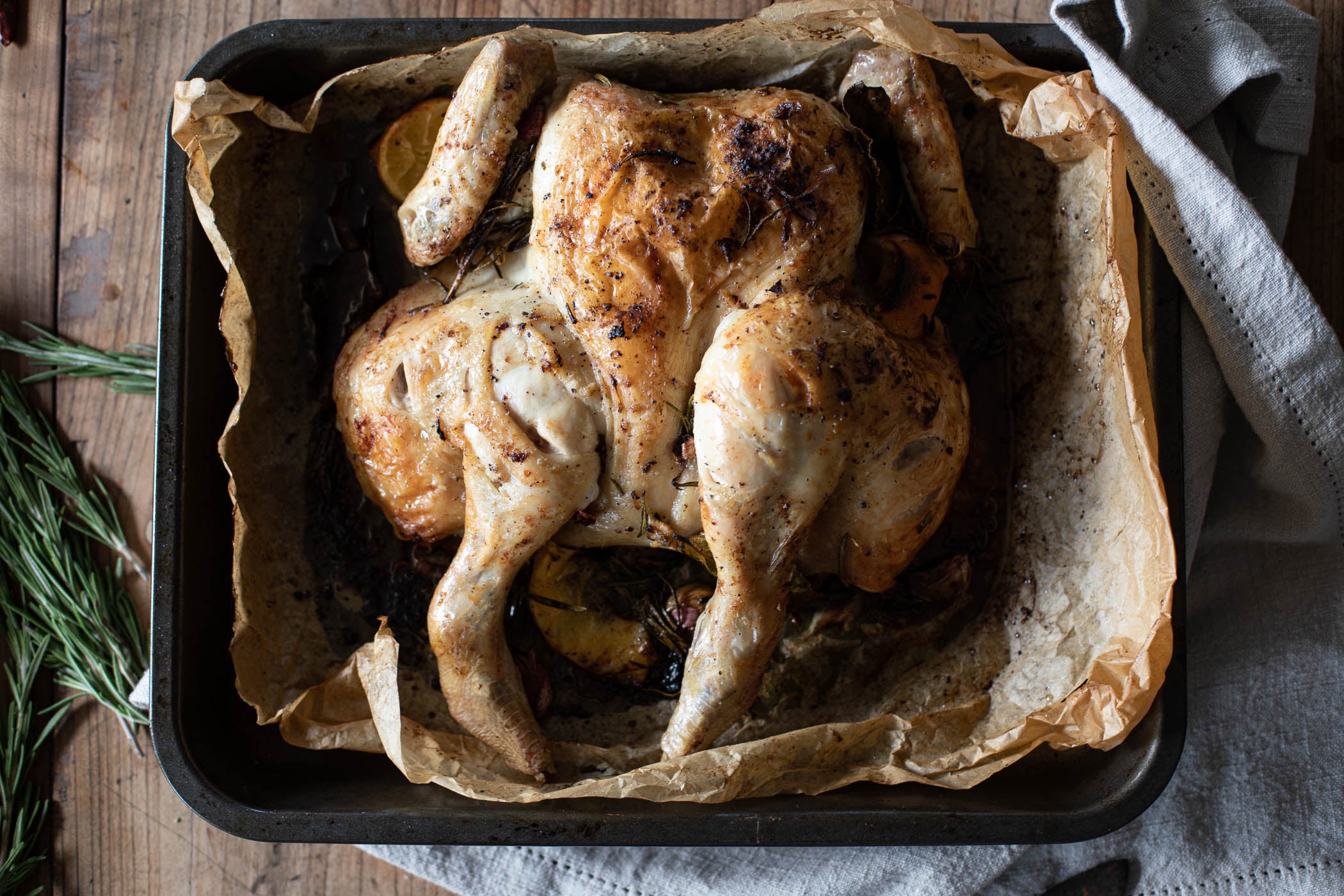 oven-roasted spatchcock free range, herb-fed chicken