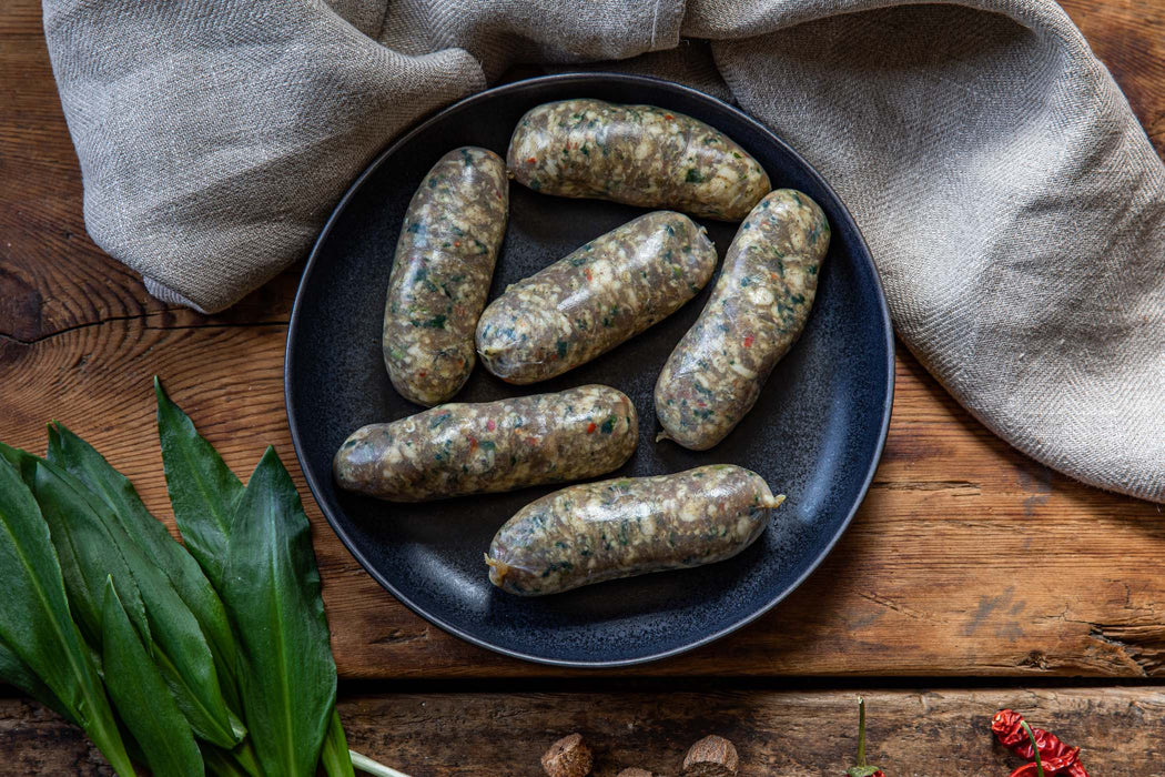 x THE COURTYARD DAIRY Wild Garlic Sausages w/ Old Roan Wensleydale