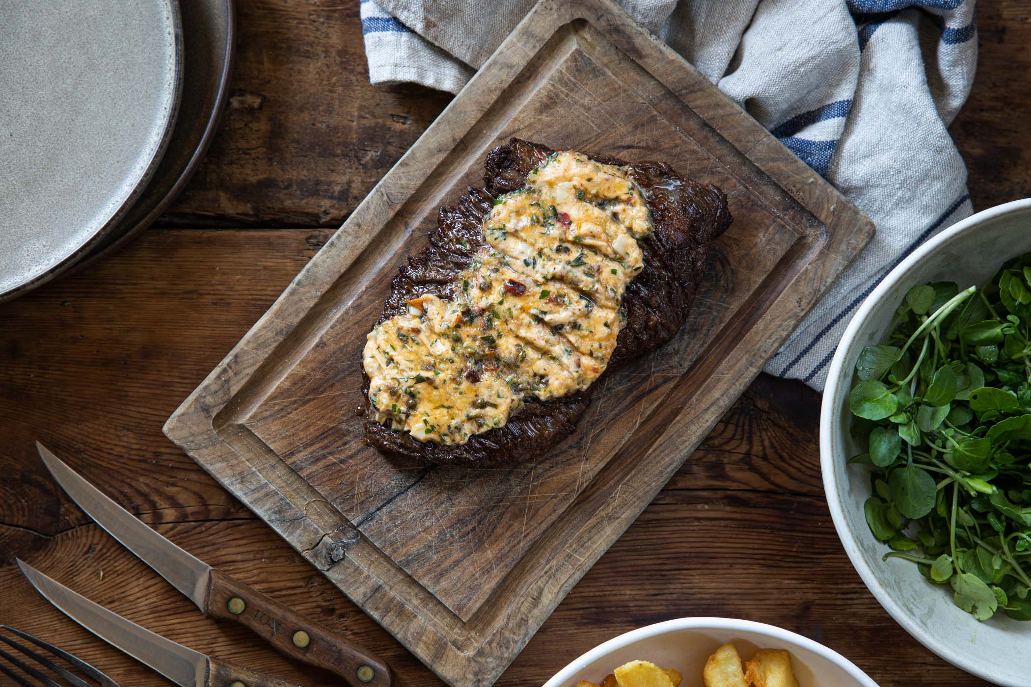 x THE CLARENCE TAVERN Bavette Steak w/ Roasted Tomato & Bone Marrow Butter